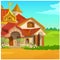 Poster with a fabulous Royal wooden house in a field with green grass and blue sky. Vector cartoon close-up illustration.