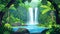 Poster featuring jungle landscape card background. Waterfall in rainforest, green tropical forest with palm trees