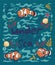 Poster with fish clowns and an inscription under the sea. Vector graphics