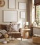 Poster frame mock-up in home interior background, living room in beige and brown colors