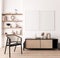 Poster frame mock up in living room interior, modern furniture and wooden decorative, rattan cabinet, black wicker chair