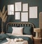 Poster frame mockup in dark blue bedroom interior background with rattan furniture