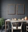 Poster frame mockup in dark dining room interior