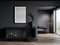 Poster frame mockup in stylish dark home interior with black furniture, 3d render