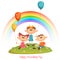 Poster with Friendship Day title and children, rainbow, flower and balloons. Vector illustration
