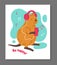 Poster or greeting card with cute quokka listening music flat style
