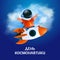 Poster or greeting card to 12 april with Russian text: Cosmonautics Day. The first human space flight. Vector illustration of kid