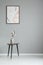 Poster on grey wall in minimal living room interior with white flowers on wooden table.