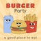 Poster with groovy burger, french fries and soda. Cartoon characters in trendy retro style. Template for banner, poster