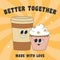 Poster with groovy coffee cup and muffin. Cartoon characters in trendy retro style.