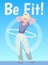 Poster with happy blonde woman hula hooping flat style