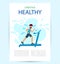 Poster healthy lifestyle. Adult male runs on a treadmill and sweats.