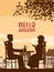 Poster Hello Coffee street cafe, couple at the table, fall mood