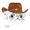 The poster with the image of dog in a cowboy hat. vector