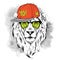 The poster with the image lion portrait in hip-hop hat. Vector illustration.