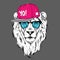 The poster with the image lion portrait in hip-hop hat. Vector illustration.