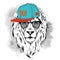 The poster with the image lion portrait in hip-hop hat. Vector illustration.