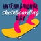 Poster of the International Skateboarding Day. The silhouette of pink legs of a girl with a skateboard rides on a blue