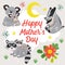 Poster with koala, raccoon and badger. Mother and baby