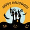 Poster lettering happy halloween, castle on a background of a full moon, bats, scary faces silhouettes vector