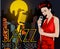 Poster with lights big night city, retro woman singer and moon. Red dress on woman. Retro microphone. Jazz, soul and blues live mu