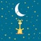 Poster with a little Giraffe riding a swing at night, kids and baby t-shirts and wear. Giraffe bathes in water. Vector