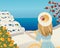 Poster , lovely girl in dress and hat look at old town in Santorini, Greece . Travel Vector illustrations and design