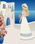 Poster , lovely girl in white dress and hat in old towns in Santorini, Spain, Greece and Italy in blue colors . Travel Vector