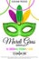 Poster for Mardi Gras carnival on a white background. Mask for a masquerade. Luxurious mask with colorful feathers. DJ name. Festi