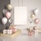 Poster mock up 3d render interior scene. Pastel pink and gold balloons with gift boxes on the white floor. Glass and metal element