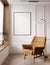 Poster mock up with horizontal frame on empty beige wall in living room interior with brown armchair, window and floor lamp. 3D