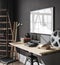 Poster mock up in modern black home interior background, home office in industrial style