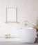 Poster mockup in cozy nomadic bathroom interior background