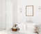 Poster mockup in white cozy bathroom interior background