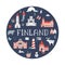 Poster in a modern flat style with famous symbols and landmarks of Finland