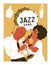 Poster music festival, retro party in the style of the 70`s, 80`s. Jazz party. Afro musician plays the trumpet. Afro woman singing