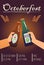 Poster about Octoberfest with cheers hands holding beer bottles flat style