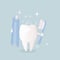 A poster about daily oral hygiene. Funny cute character - white healthy tooth, which holds a toothbrush with paste. It`s important