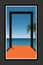 a poster with an orange door leading to the beach and palm trees