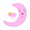 Poster of pink cute moon holding baby of yellow star. Design for baby room decoration. Childish style, pink color. Perfect for