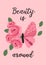 Poster with pink decorative butterfly and flowers