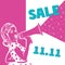 Poster in pink and white colors with woman with megaphone and text sale 11.11.