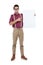 Poster, point and portrait of man with banner on isolated, png and transparent background. Billboard, advertising and