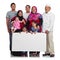 Poster, portrait and muslim family with space for advertising Islam religion with children, men and women. Islamic
