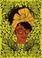 Poster with portrait of trendy african american woman, monstera leaves and strokes