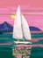 Poster retro Sailing Time to Travel sailing ship on the ocean, sea, severe captain. Rock mountain seascape travel