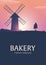 Poster Rural landscape with windmill. Sunrise. Bakery. Fresh bread. Vector illustration.
