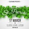 Poster for Saint Patrick`s day party. Green clovers on white background. Festive lettering. Invitation to the club. Vector