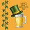 Poster saint patricks day with beer mugs with top hat and climbing plant of clovers in colorful silhouette over light