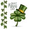 Poster saint patricks day with clover of four leaves with top hat in colorful silhouette over white background